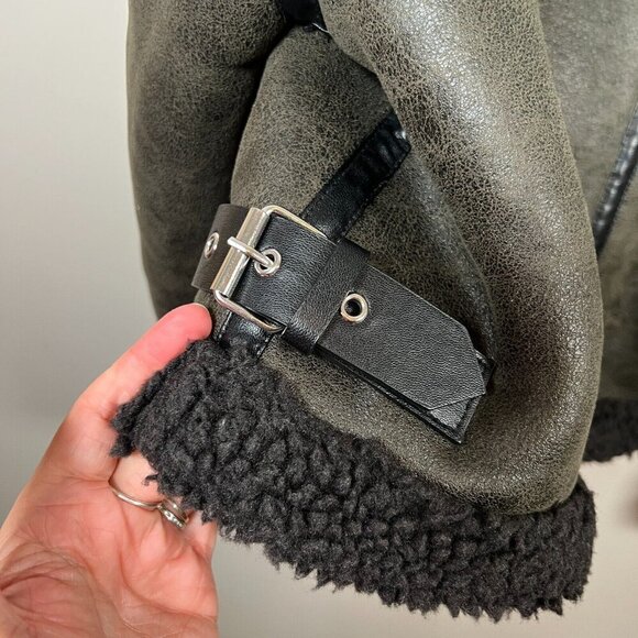 Zara Double Faced Aviator Faux Leather Jacket Size Small Green Shearling Sherpa - Picture 8 of 12
